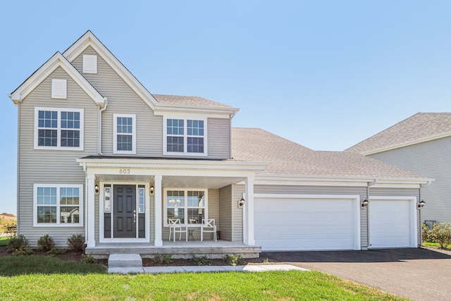 view of front property featuring covered porch and a garage