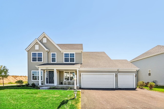 view of front of home with covered porch, a front yard, and a garage