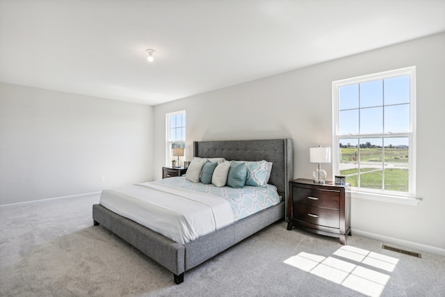 bedroom with light carpet