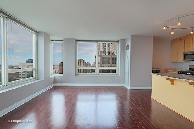 unfurnished living room with dark wood-type flooring