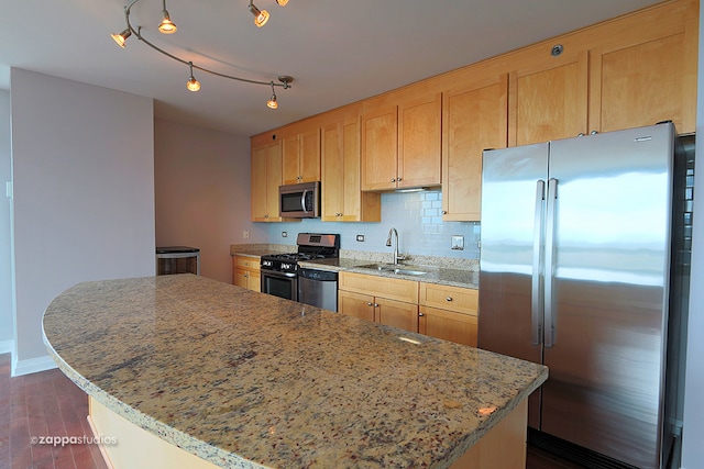 kitchen with appliances with stainless steel finishes, sink, dark wood-type flooring, and a kitchen island