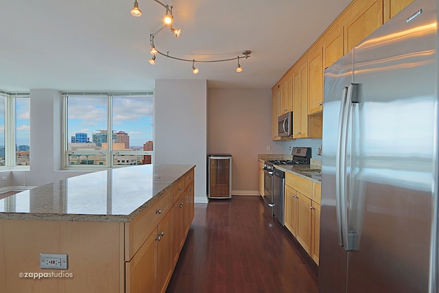 kitchen featuring a center island, light stone countertops, dark wood-type flooring, rail lighting, and stainless steel appliances