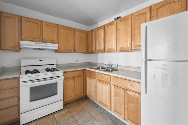 kitchen with light brown cabinetry, sink, white appliances, and light tile floors