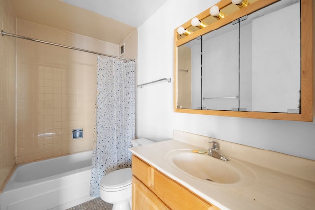 full bathroom with shower / bathtub combination with curtain, toilet, and vanity