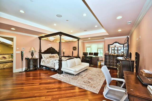 bedroom featuring dark hardwood / wood-style flooring and crown molding