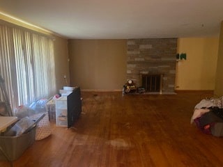 living room featuring a stone fireplace and wood-type flooring