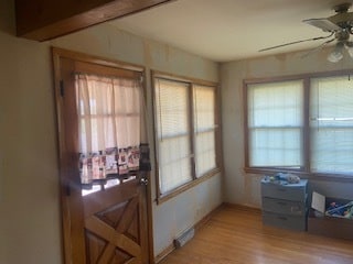 entryway featuring plenty of natural light, ceiling fan, and light wood-type flooring