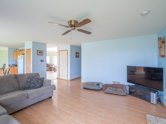 living room with ceiling fan and light wood-type flooring