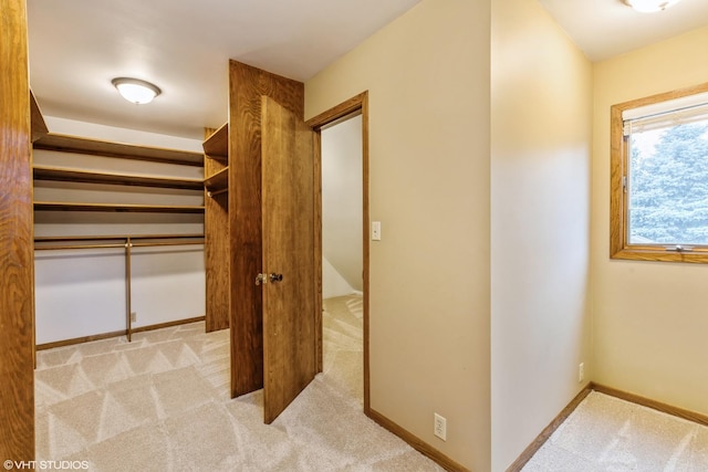 walk in closet with light carpet