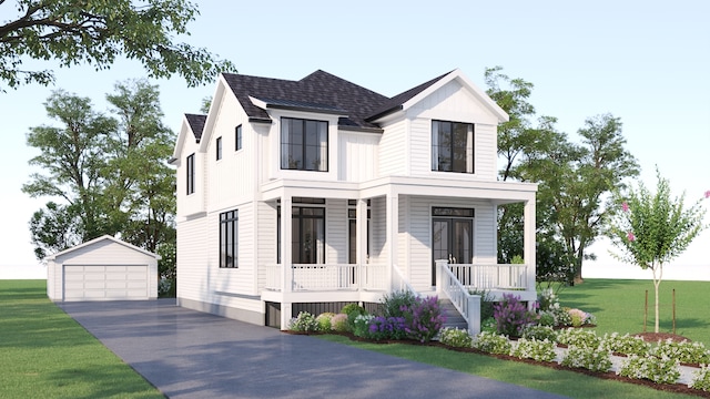 view of front of property with a garage, an outdoor structure, covered porch, and a front lawn