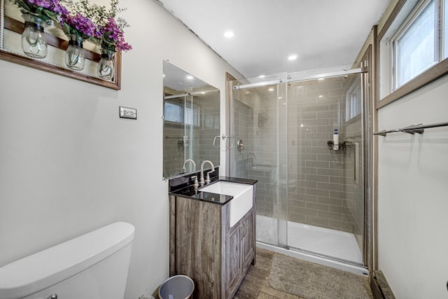 bathroom featuring a shower with door, oversized vanity, and toilet