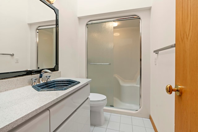 bathroom with walk in shower, vanity, toilet, and tile patterned floors