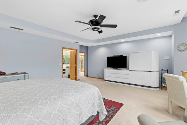 carpeted bedroom with ceiling fan