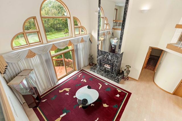 living room with a premium fireplace and hardwood / wood-style flooring