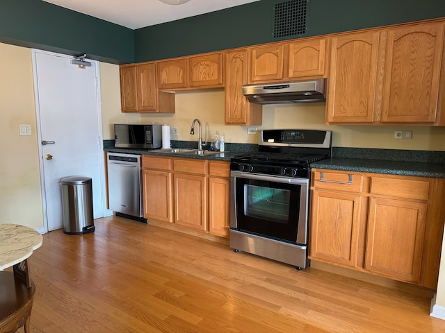 kitchen with light hardwood / wood-style flooring, stainless steel appliances, and sink