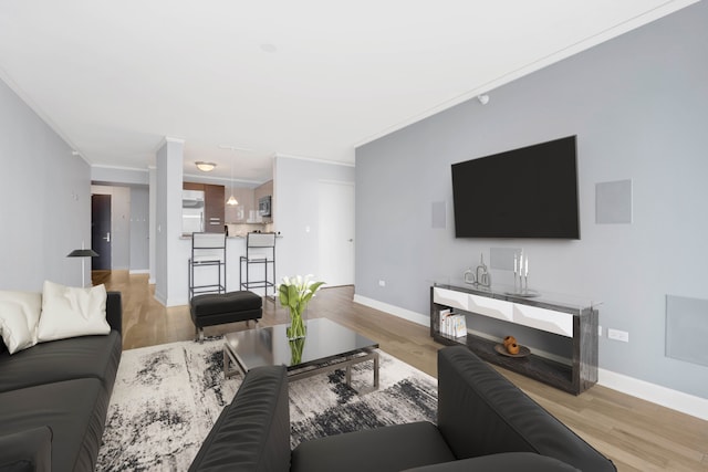 living room with wood-type flooring and ornamental molding