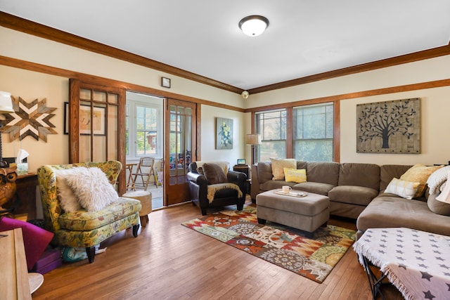 living room with wood-type flooring, crown molding, and a wealth of natural light