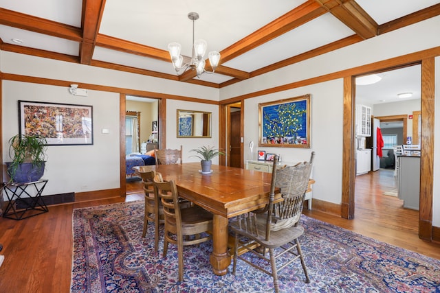 dining room featuring a chandelier, coffered ceiling, and wood-type flooring