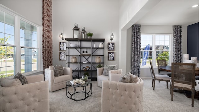 living area featuring light colored carpet and a healthy amount of sunlight