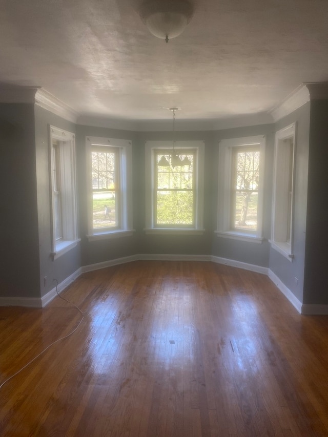 unfurnished room with dark hardwood / wood-style flooring and ornamental molding