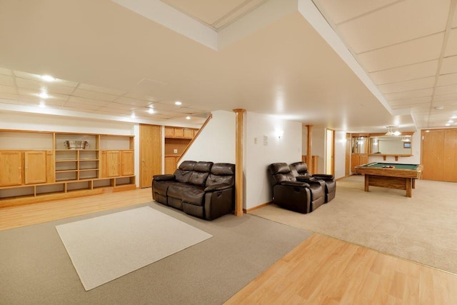 living room with pool table and carpet flooring