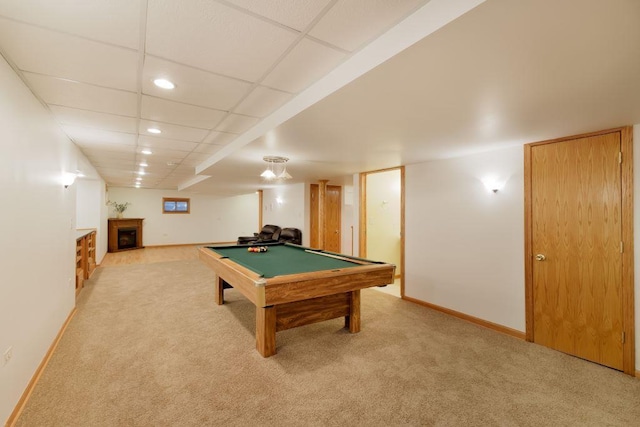 rec room featuring a drop ceiling, light carpet, and billiards