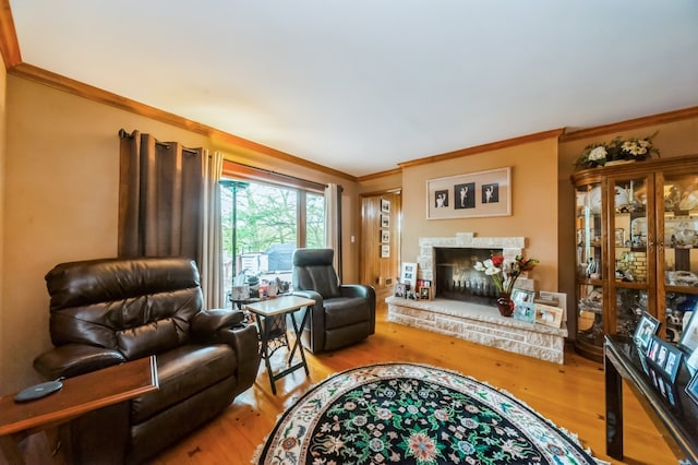 living room with ornamental molding and wood-type flooring