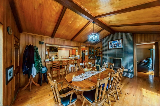 dining room featuring vaulted ceiling with beams, light hardwood / wood-style floors, wood walls, and wood ceiling