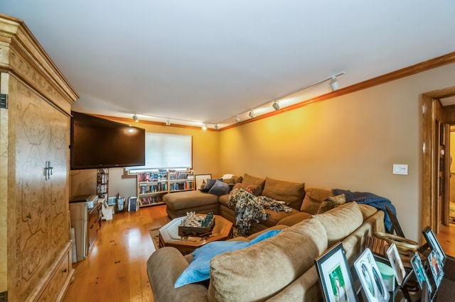 living room with crown molding, track lighting, and light wood-type flooring