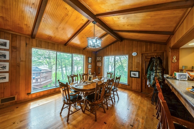 dining room featuring wood ceiling, light hardwood / wood-style flooring, and wooden walls