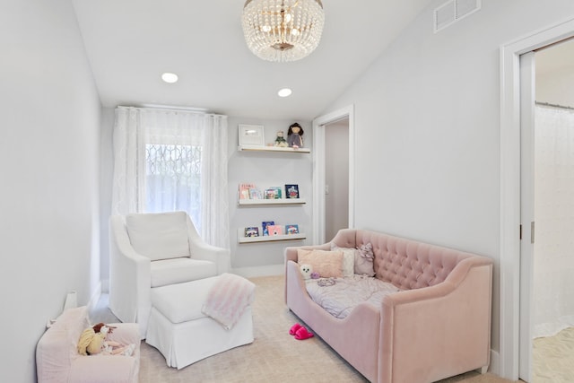 living area with carpet, vaulted ceiling, and a notable chandelier