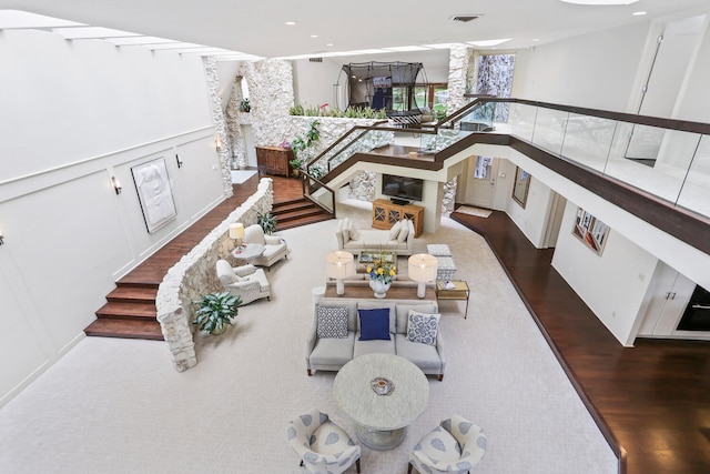 living room featuring dark wood-type flooring