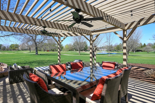 view of patio with ceiling fan and a pergola