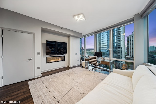 living room with a wall of windows and dark hardwood / wood-style flooring