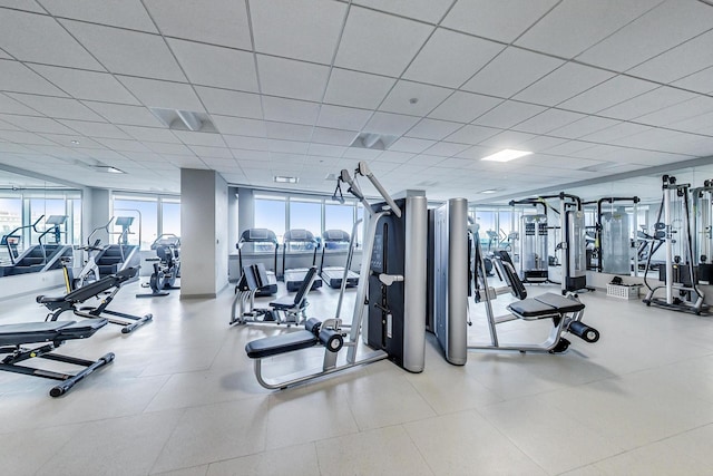 gym featuring floor to ceiling windows and a drop ceiling