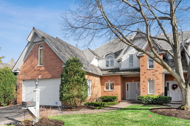 view of front of home featuring a front lawn and a garage