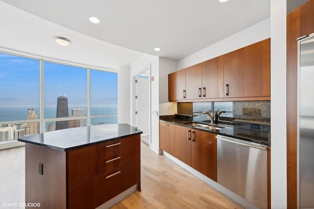 401 N Wabash Ave Unit 75A, Chicago, IL 60611 - kitchen featuring dishwasher, backsplash, dark stone counters, light wood finished floors, and recessed lighting