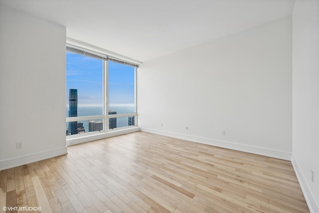 unfurnished room featuring a water view, light hardwood / wood-style flooring, and a wall of windows