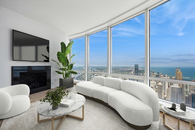 living room featuring hardwood / wood-style floors, expansive windows, and a water view