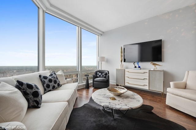 living room featuring a healthy amount of sunlight, dark hardwood / wood-style flooring, and floor to ceiling windows