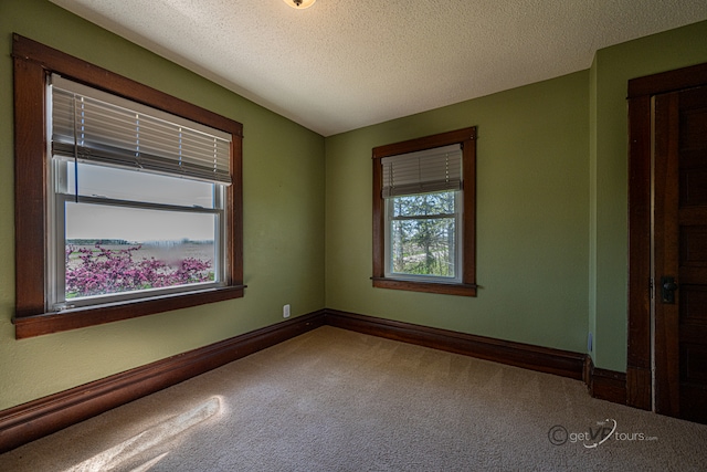 carpeted empty room featuring a textured ceiling