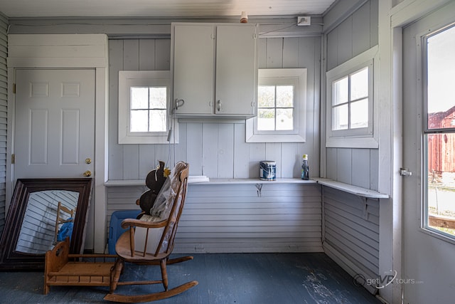 interior space with wooden walls, dark hardwood / wood-style flooring, and white cabinets