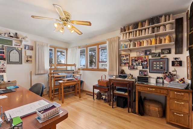 office with ceiling fan and light hardwood / wood-style flooring