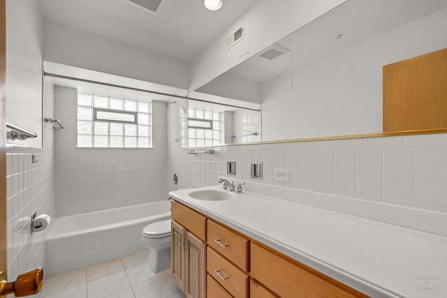 full bathroom with tile walls, oversized vanity, backsplash, toilet, and tile floors