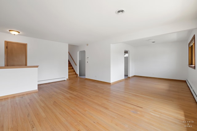 unfurnished room with light hardwood / wood-style flooring and baseboard heating