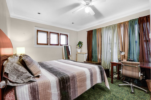 bedroom featuring ornamental molding and ceiling fan