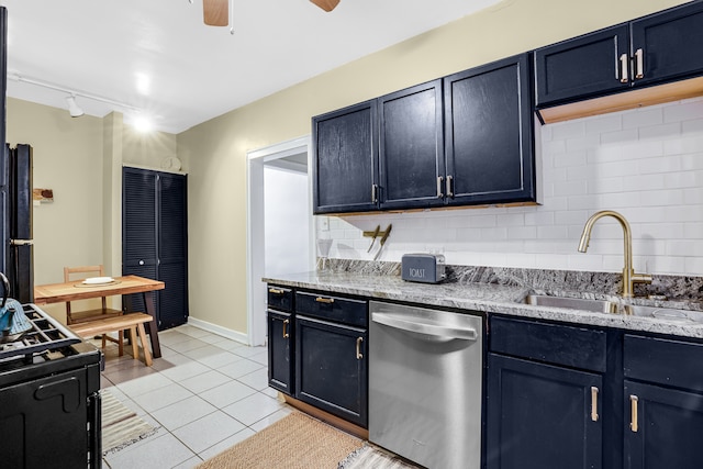 kitchen with ceiling fan, sink, tasteful backsplash, rail lighting, and black appliances