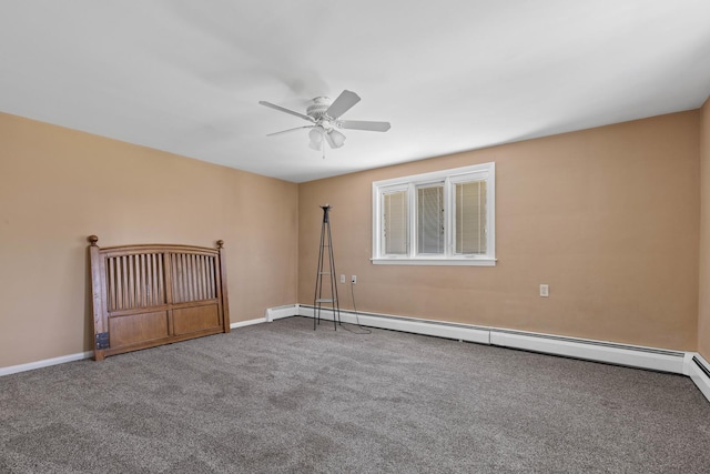 unfurnished room with a baseboard radiator, ceiling fan, and carpet flooring