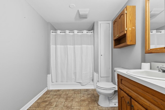 full bathroom with toilet, shower / tub combo, and vanity