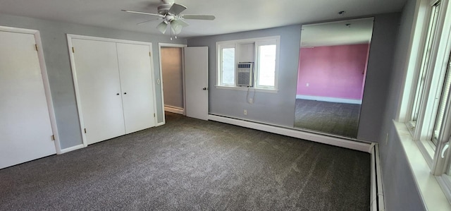 unfurnished bedroom featuring ceiling fan, cooling unit, and dark colored carpet